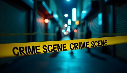 A view of yellow crime scene ribbon stretched across a dark alley create with ai
