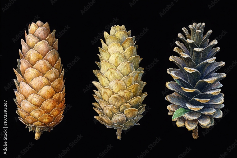 Poster three isolated pinecones of varying colors and textures displayed on a dark background highlighting 