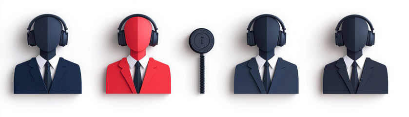 The image features four stylized figures wearing headphones, with one figure highlighted in red, symbolizing attention or focus in a professional context.