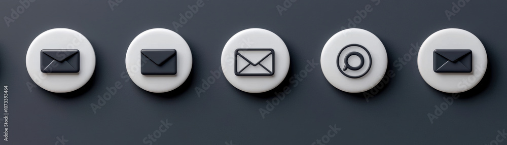 Poster five mail icons displayed on a dark background, illustrating different styles of email communication