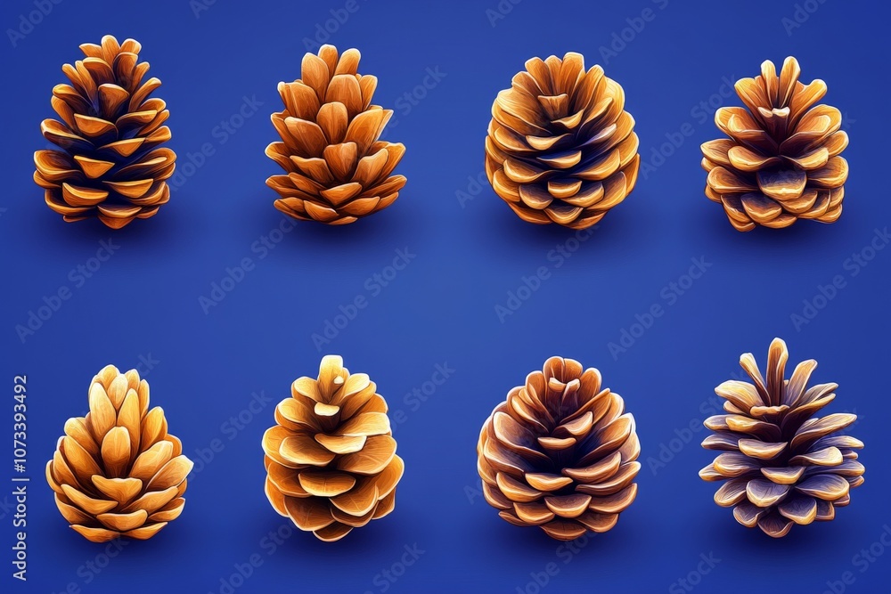 Poster pinecones in a symmetrical grid pattern on a royal blue background presenting a modern minimalistic 