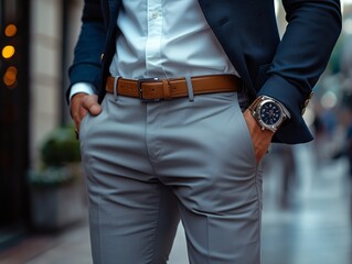 Stylish businessman in tailored suit holding hands in pockets, representing confidence and professionalism in urban setting with blurred background