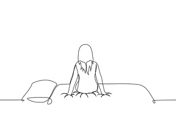 woman sitting on made single bed, back view - one line art vector.