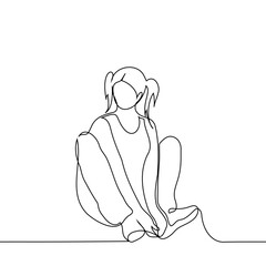 woman sitting on her bottom cute and straight with her legs bent and her hands stretched to her ankles - one line art vector. concept childish behavior, cute, adult as a child