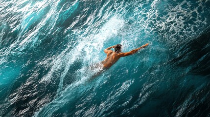 Illustrate a high-angle view of a swimmer gliding effortlessly through rippling waves, showcasing a...