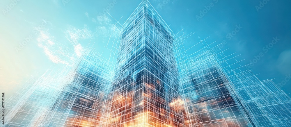 Poster abstract image of a modern skyscraper with a wireframe design. the building is set against a blue sk