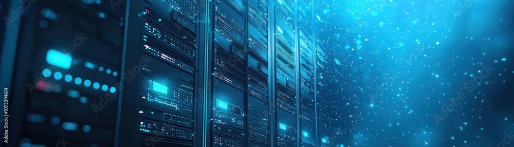 Poster a high-tech server room immersed in blue light and surrounded by digital particles, creating a futur