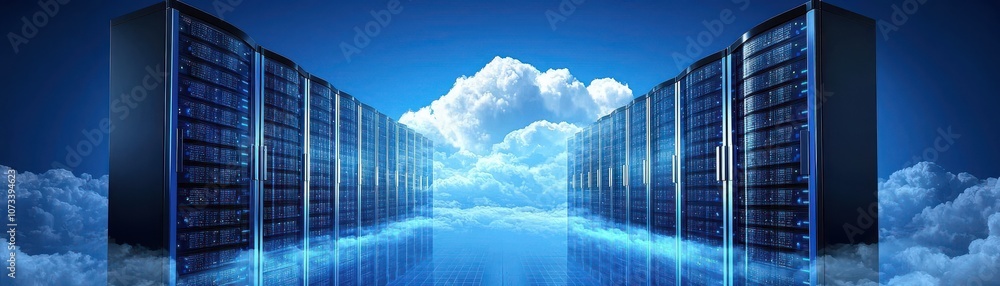 Aufkleber a futuristic data center illuminated by blue lights, with servers flanking a reflective surface and 