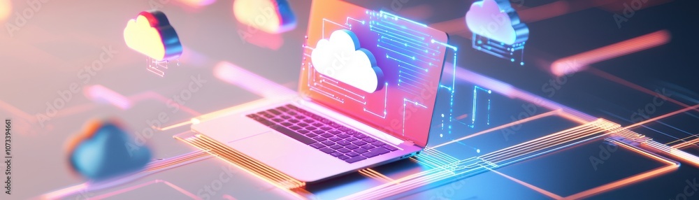 Poster a futuristic illustration of a laptop connected to cloud computing, featuring digital elements and d