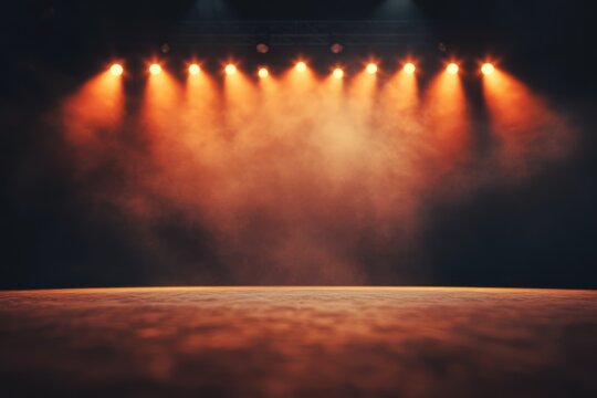 A dimly lit stage with warm, orange spotlights and a smoky atmosphere, creating an inviting ambiance for a performance.