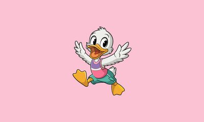 Obraz premium Cheerful cartoon duck jumping with wings spread wide.