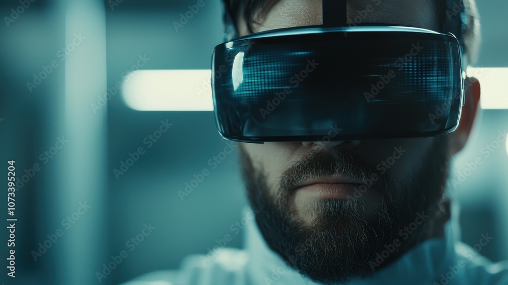 Poster technician wearing augmented reality goggles adjusting equipment in a high-tech lab environment with