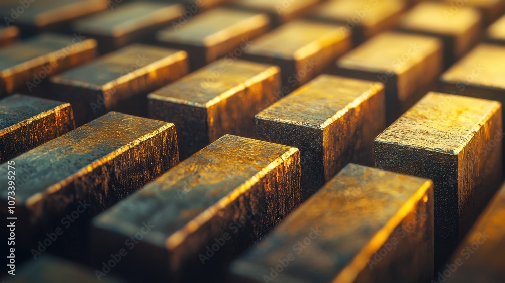 Poster close-up view of automated machines in operation producing metal bars with intricate surface texture