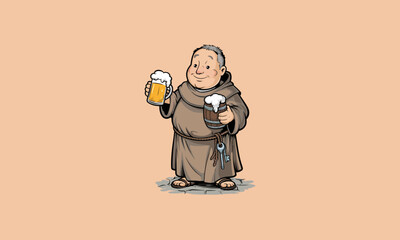 Happy monk holding two frothy beer mugs, cheerful expression.