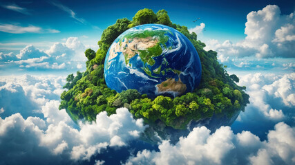 Earth planet with trees and water on it, surrounded by fluffy clouds. Environment and clean planet...