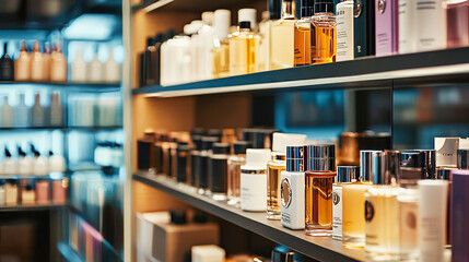 Store shelves displaying various luxury perfume bottles