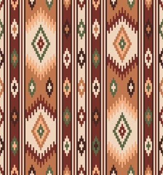 Western Americana Cabin Life Rustic Aztec Kilim Vector Pattern. Bohemian Southwestern tribal geometrics autumn colors, brown, beige, green, burgundy seamless pattern.