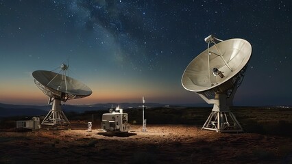 Earth receiving station in a remote desert location, where satellite signals are decoded and transmitted to control centers. The scene symbolizes global connectivity and the seamless flow of informati