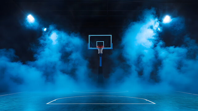 Moody basketball court with illuminated hoop surrounded by dramatic blue smoke under spotlights in a dark, atmospheric setting.