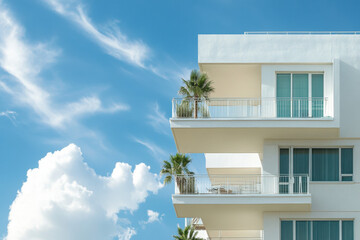 Modern white apartment building against a bright blue sky with fluffy clouds, featuring spacious balconies with potted palm trees.