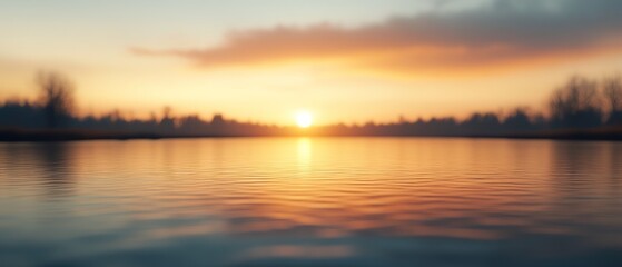 A serene sunset reflects on calm water, creating a tranquil and picturesque scene with soft colors blending into the horizon.