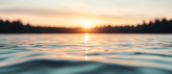 A serene sunset over calm water, reflecting warm hues and creating a tranquil atmosphere.