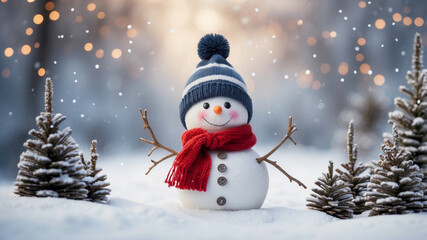 Obraz premium Winter holiday scene with a smiling snowman in the snow