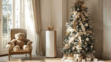 A teddy bear sits in front of a Christmas tree