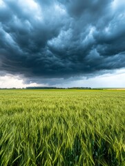 A dramatic sky filled with dark, ominous clouds looms over a vibrant green field, capturing the contrast between nature's beauty and impending storm.