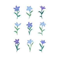 Vector illustration of bell flower in simple hand drawn and linocut style. Simple contour vector pattern with blue floweret for cosmetics, postcard and pattern.
