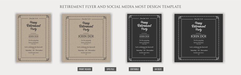 Happy Retirement flyer, social media post, vintage, congratulations, celebrate, vector, editable, posh, classic, old, elder citizen, traditional, a4 template bundles.
