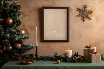 Aesthetic composition of christmas dining room interior with mock up poster frame, table, green tablecloth, candle with candlestick, brown wall, gifts, and personal accessories. Home decor. Template.