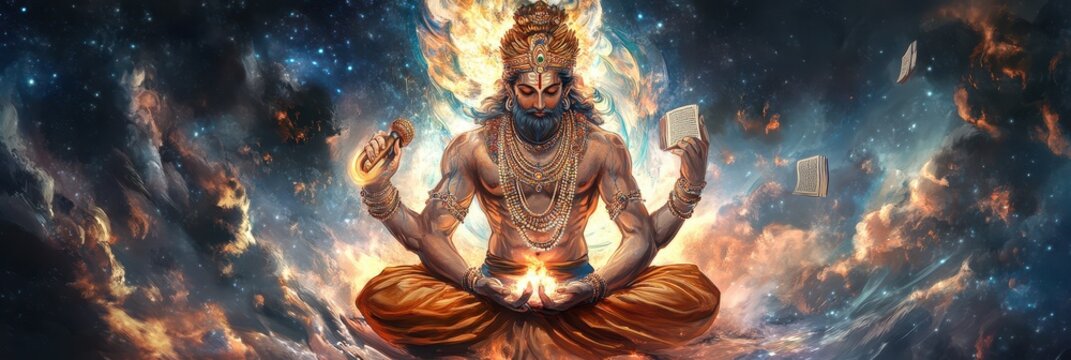 Brahma with Vedas floating around him, cosmic waves of energy emanating from his divine form, as the process of creation unfolds across the universe