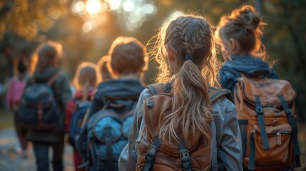 Obraz premium Children walking in a forest at sunset, carrying backpacks, enjoying nature and adventure together.