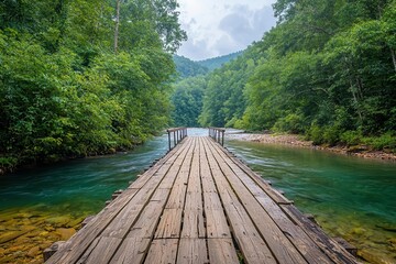 An old wooden bridge over a meandering river, the clear freshwater reflecting the sky, surrounded by lush, green forest, peaceful and rustic