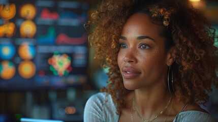 Fototapeta premium A woman with curly hair thoughtfully gazes into the distance, with colorful data visualizations in the background, reflecting a tech-savvy environment.