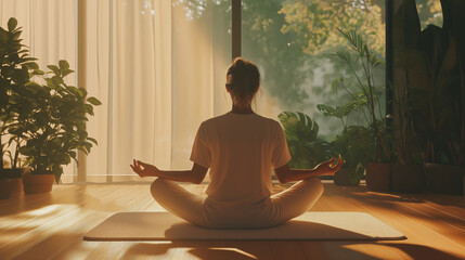 A serene individual practicing meditation cross-legged in a sunlit indoor space surrounded by plants during the evening. Generative AI
