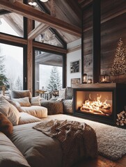 Cozy Cabin Living Room with Fireplace and Snowy View