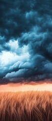 Obraz premium A dramatic sky looms over a golden field, contrasting dark clouds with warm sunset hues, evoking a sense of nature's beauty and impending change.