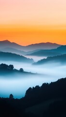 A serene landscape showcasing misty mountains under a vibrant sunrise, blending warm and cool hues in a peaceful natural setting.
