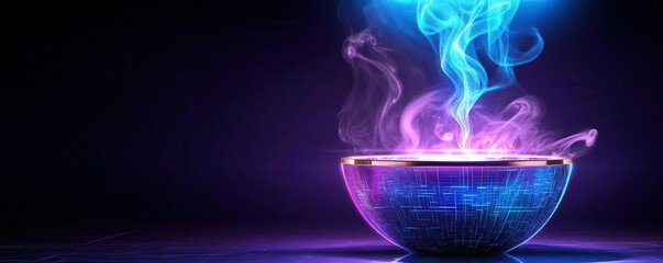 Elegant soup bowl with steam holograms floating above, blue and purple tones, high-tech kitchen ambiance, cinematic