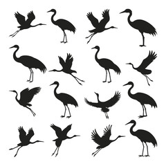 Crane birds SVG Vector Silhouette. Herons element vector Illustration. Animal decorations in vintage style. Flying birds.