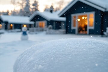 Fototapeta premium Cozy Blue Swedish House in the Snow with a Snowman Outside - Charming Winter Wonderland Scene