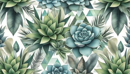 Abstract green, blue, Succulent Watercolor Pattern

