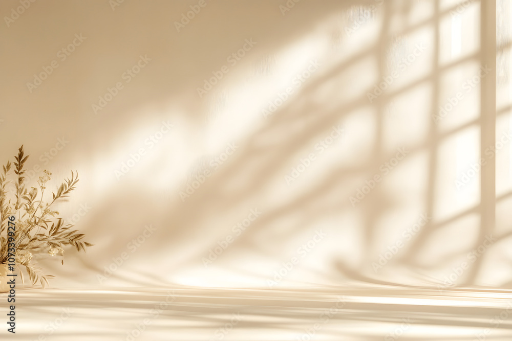 Poster abstract pastel beige color studio background for product presentation. empty room with shadows of w