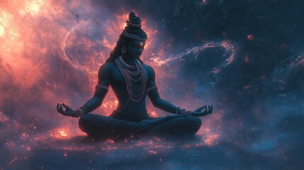 Divine Shiva practicing yoga meditation, cosmic energy spiraling around him, his serene expression radiating peace as he channels universal forces for balance