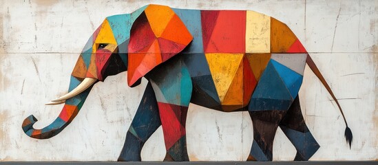 Fototapeta premium A colorful geometric elephant sculpture on a white wall.