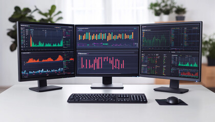 Modern trading setup with multiple monitors displaying stock market data.