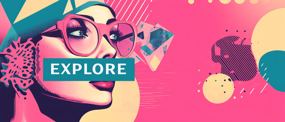 Obraz premium Abstract Art with Woman in Sunglasses and the Word Explore