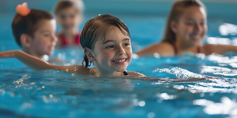Obraz premium A young girl is smiling and splashing in a pool with other children. Scene is happy and playful